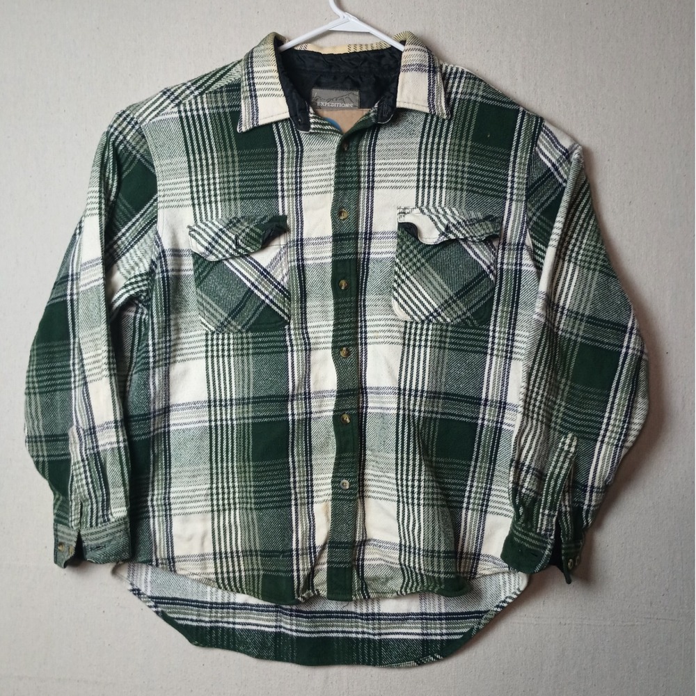 Expeditions Wrangler Flannel Shirt Quilted Button Up Large Plaid Green White‎
